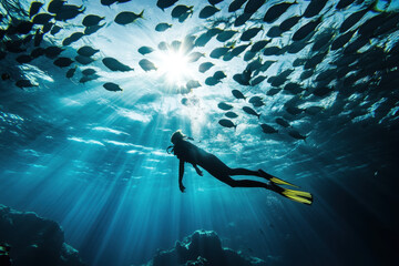 A lone diver swims gracefully beneath a school of fish in the sunlit ocean waters, creating a mesmerizing scene of harmony and tranquility.
