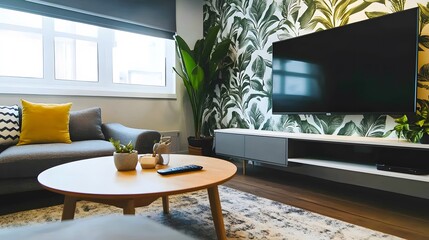 リビングルームのテレビ、窓のあるアパートのインテリア