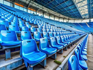 Fototapeta premium Empty Blue Plastic Stadium Seats in a Sports Venue: Rows of Seating Awaiting an Audience for an Upcoming Event in an Expansive Arena