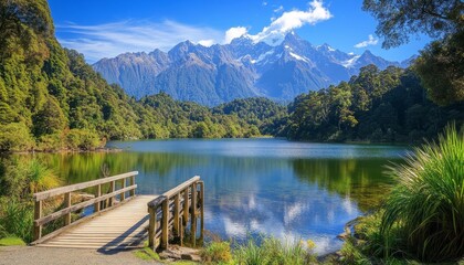 Scenic View Of Lake Matheson With Snow Covered Mount Tasman Reflected, South Island, New Zealand