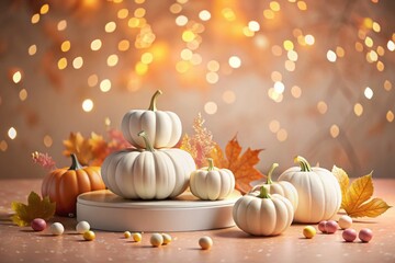 Empty Product Podium Displaying Autumn Halloween Ceramic White Pumpkin Decor in Pastel Pink and Orange Colors for Seasonal Holiday Themed Product Photography