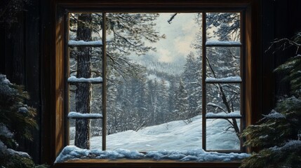 A Snowy Winter Landscape Seen Through a Cabin Window