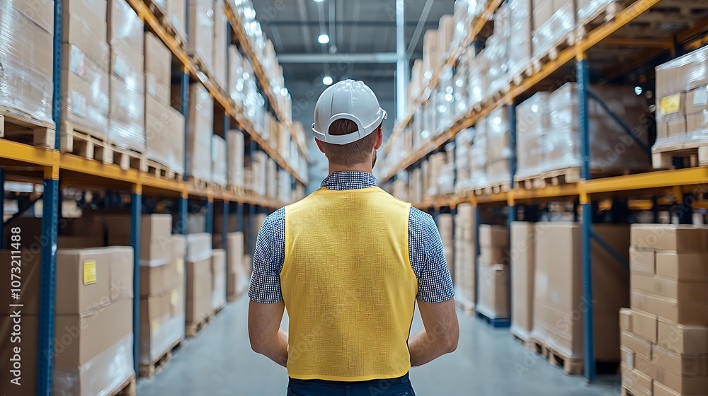 Poster warehouse worker inspects inventory to ensure efficient stock management and safety protocols