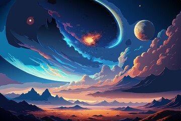 Alien planet landscape, dramatic sky, multiple moons, colorful clouds, cosmic scenery, fantasy art, digital painting, vibrant colors, mountainous terrain, celestial bodies, science fiction, dreamlike 