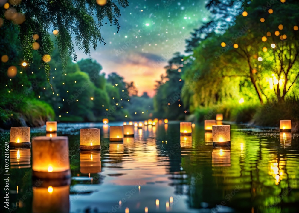 Poster enchanting scene of floating lanterns illuminating a calm river under a starry night sky with a boke