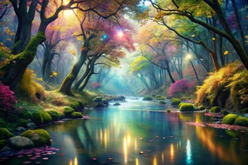 Fototapeta premium Enchanting River Winding Through Lush Forest with Anime-Style Background, Captured in Stunning Macro Photography for Nature and Fantasy Enthusiasts