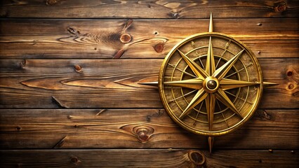 Fototapeta premium Excellent Golden Vintage Compass Rose on a Rustic Wooden Plank Background with Ample Copy Space for Travel Themes, Adventure Projects, and Nautical Designs