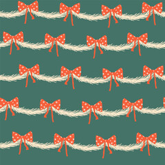 Holiday seamless pattern with bows and branches. Classic winter print. Vector hand drawn illustration.
