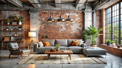 Exquisite Modern Industrial Interior Design Featuring Exposed Brick Walls and Concrete Beams, Ideal for Contemporary Spaces and Stylish Living Environments