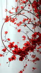 Background should be white, like in a studio, and hoops with red floral arrangements should hang from the ceiling.