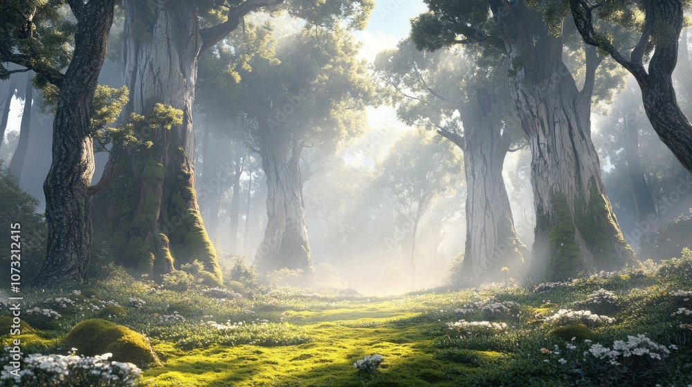 Poster a serene forest scene with towering trees, illuminated by gentle sunlight filtering through the mist