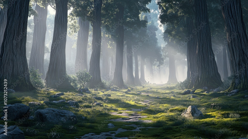 Poster a serene forest path illuminated by soft light, surrounded by towering trees and lush greenery, evok