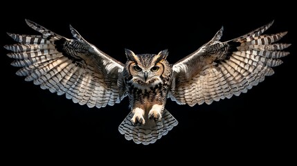 Fototapeta premium A great horned owl in mid-flight, captured in a dramatic black and white photograph.