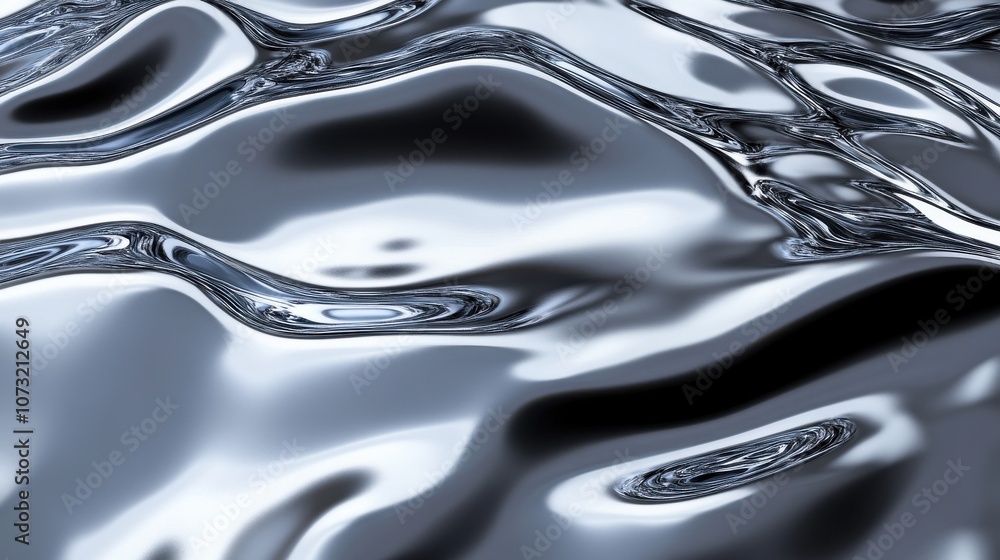 Poster abstract close-up of fluid silver-like water reflecting light in dynamic waves, creating an artistic