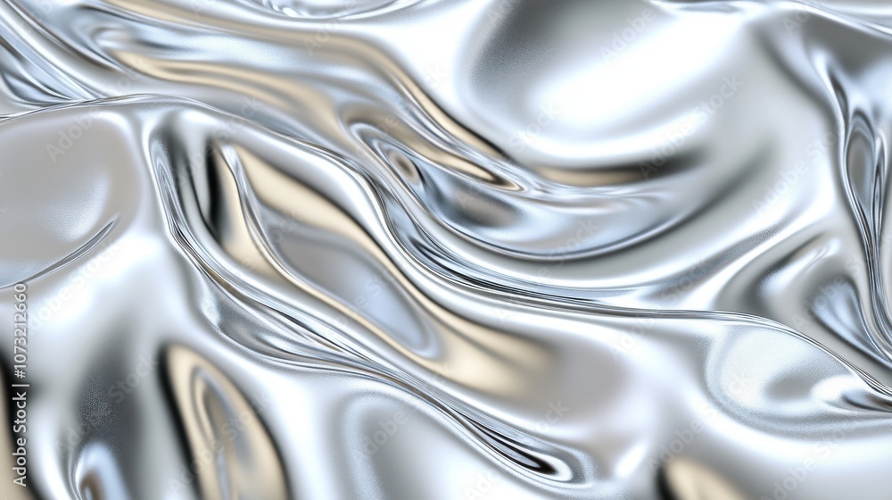 Poster shimmering silver liquid metal flowing in elegant waves, creating a mesmerizing abstract texture.