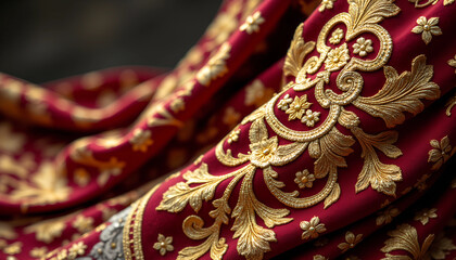 Luxurious red fabric with intricate golden embroidery showcases timeless elegance in a textile workshop during golden hour