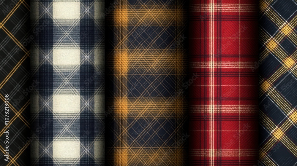 Poster a vibrant display of assorted tartan patterns featuring rich colors and intricate designs.