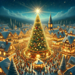 Town Tree Lighting Ceremony concept as Long shot of a large Christmas tree lighting up as the townspeople gather around with a bright star on top and shimmering ornaments. in  Photo Stock  Concept 
