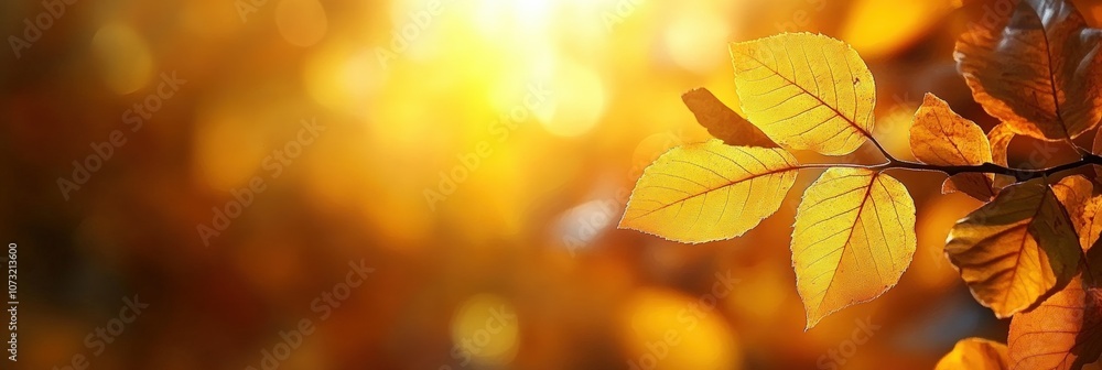 Poster beautiful and gentle light filtering through autumn leaves in a universal natural setting with a blu