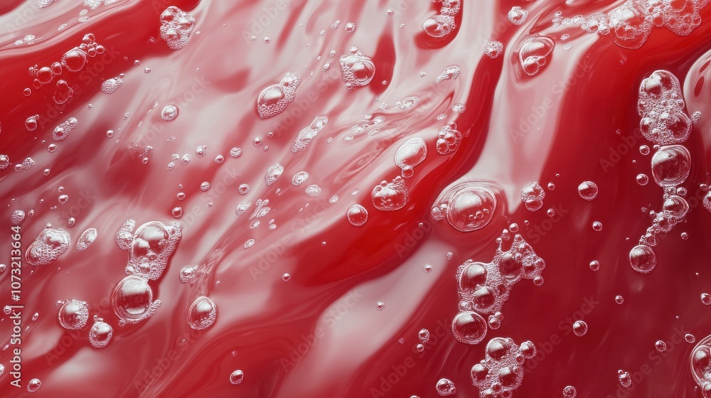 Poster abstract close-up of rich red liquid with bubbles, creating a dynamic and vibrant visual texture.