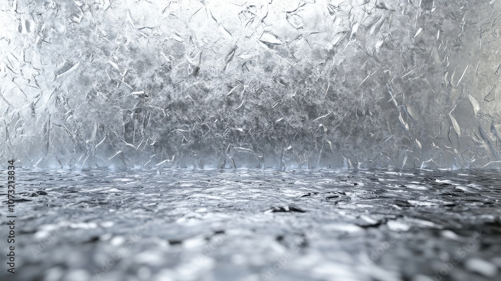 Poster a textured ice surface reflecting light, creating a cold and frosty atmosphere with a shimmering eff