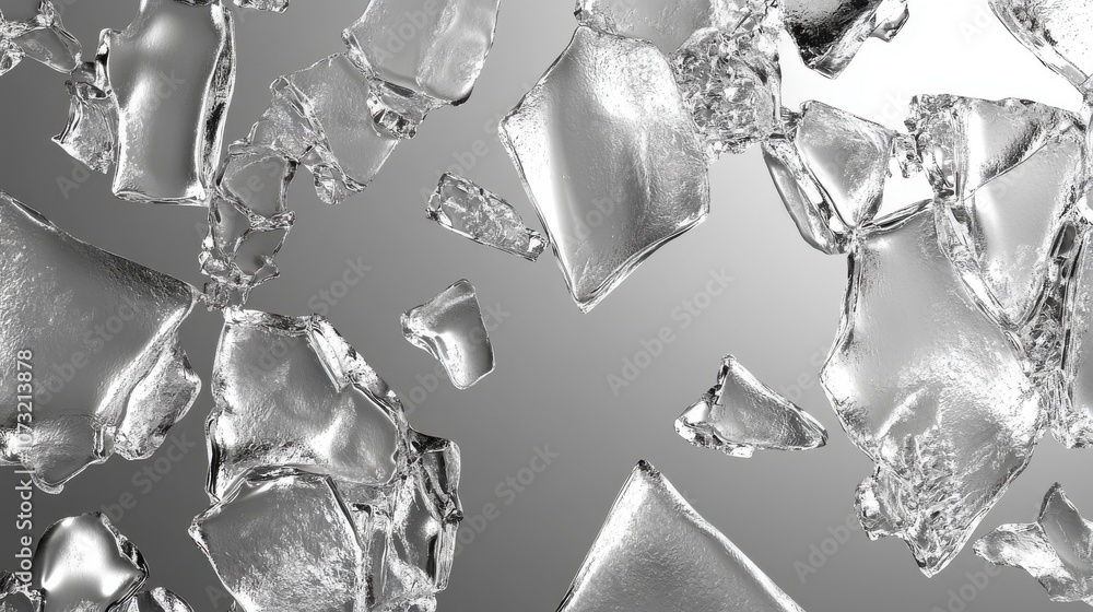 Poster transparent shards of ice scatter against a gray gradient background, creating a dynamic visual effe