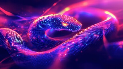 Vibrant digital representation of a snake in a colorful, abstract environment at night