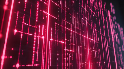Obraz premium A glowing pink digital grid of vertical light lines forming an illuminated matrix-like structure in a futuristic digital space.