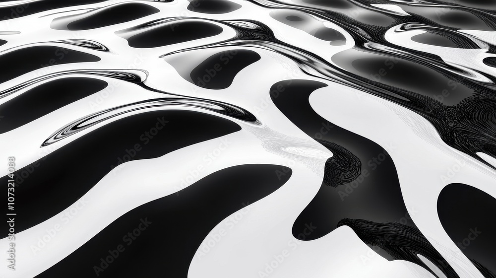 Poster abstract black and white surface with flowing curved patterns, evoking a sense of fluidity and motio