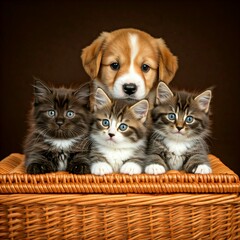 Little kitten and little puppy together. Ai generated