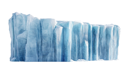 Towering Wall of Solid Ice with Deep Blue Hues and Frosty Details on White Background