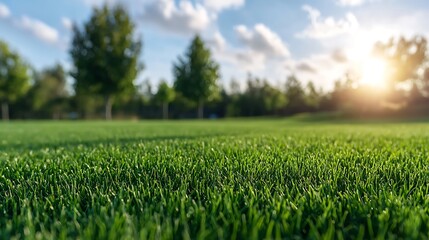 Explore the beauty of nature with lush green grass under a bright sky at sunset