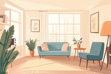 Fototapeta premium Minimalistic cozy living room with modern furniture and natural light
