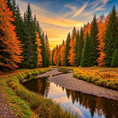 Peaceful forest lake in autumn sunset with a river. Ai generated