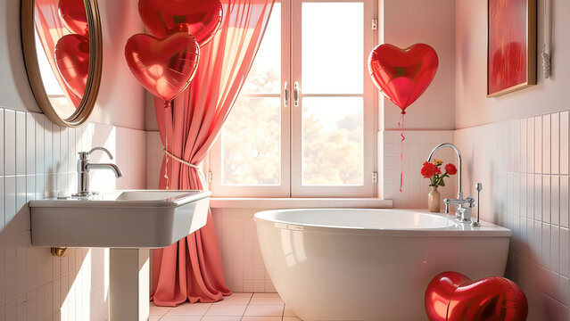 Modern stylish bathroom decorated red heart shaped foil balloons for Valentine's Day.
