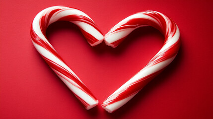 Red and White Candy Canes Forming a Heart on Red Backdrop