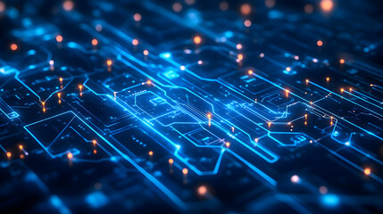 Obraz premium A glowing digital circuit board with intricate blue pathways and scattered orange light particles, resembling an advanced technological network.