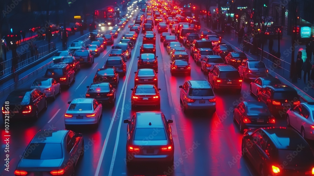 Wall mural A long line of cars are stuck in a traffic jam in a city. The red tail lights are visible in the night.