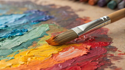 Obraz premium brushes and paints The artist’s tools lie in wait, a spectrum of possibilities at the bristles’ end on this well-used painter’s palette.