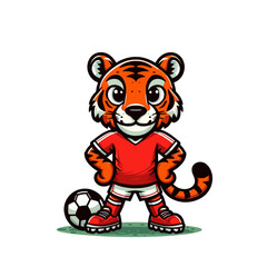 Cute tiger cartoon character mascot. Soccer player. Isolated vector illustration