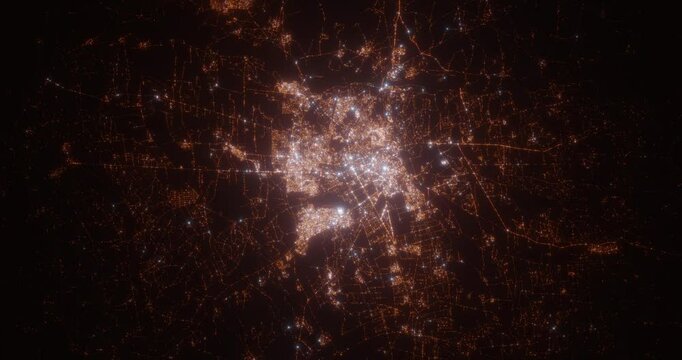 Marrakesh (Morocco) aerial view at night. Satellite view on modern city with street lights. Camera is flying above the city, moving forward