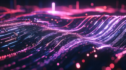 A sparkling field of glowing pink and purple digital waves, illuminated by radiant dots of light creating a dreamy, futuristic vibe.

