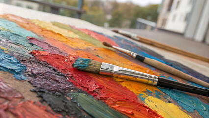 Obraz premium brushes and paints creative journey begins with a single stroke, as seen in this vibrant palette and brush ready for the artist’s touch.
