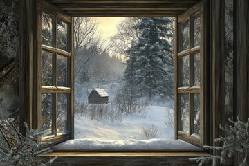 A Wooden Window Frame Looking Out at a Snowy Winter Scene