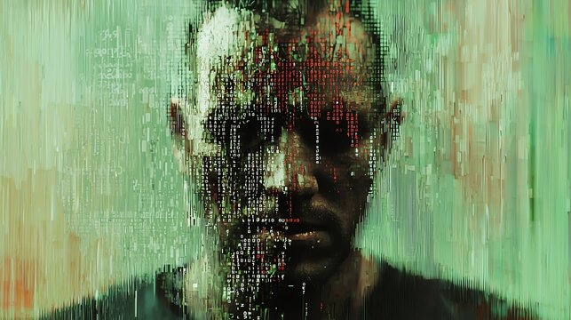 Glitch art portrait with fragmented geometry, binary code rain, cybernetic dissolve, static noise