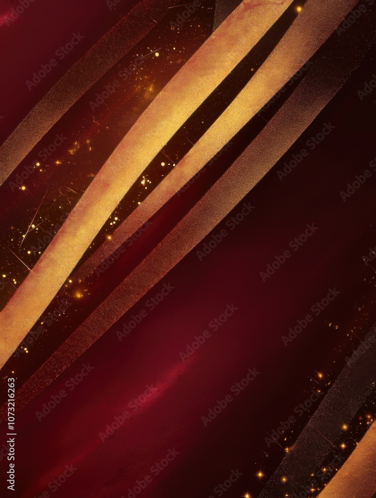 Poster abstract composition featuring flowing ribbons and shimmering textures in rich red and golden hues, 