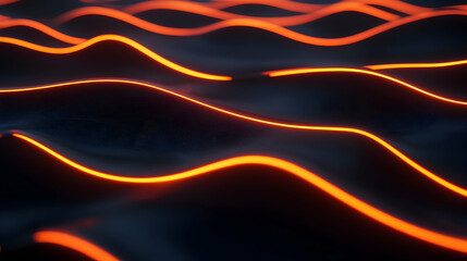An abstract image with glowing orange waves weaving through a dark space, creating a futuristic, flowing energy pattern.

