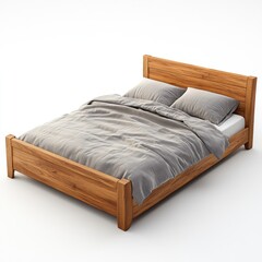A wooden bed frame with a simple design, featuring gray bedding and pillows, set against a white background.