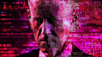 Glitch art portrait with fragmented geometry, binary code rain, cybernetic dissolve, static noise