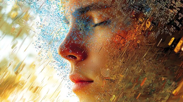 Glitch art portrait with fragmented geometry, binary code rain, cybernetic dissolve, static noise - Powered by Adobe